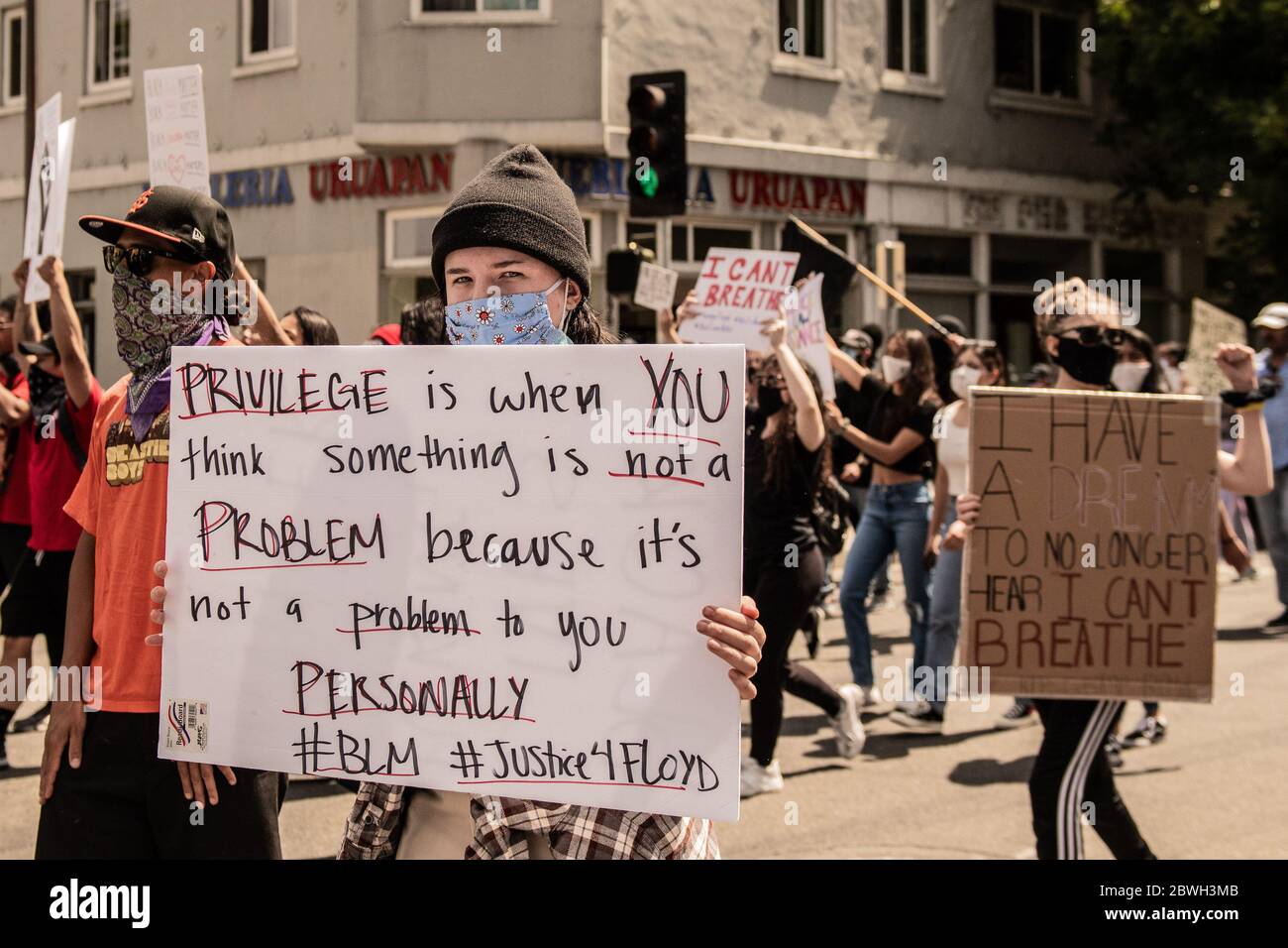 San Jose, Ca. 29th May, 2020. Protesters march down East Santa Clara Street in San Jose, California on May 29, 2020 after the death of George Floyd. ( Credit: Chris Tuite/Image Space/Media Punch)/Alamy Live News Stock Photo