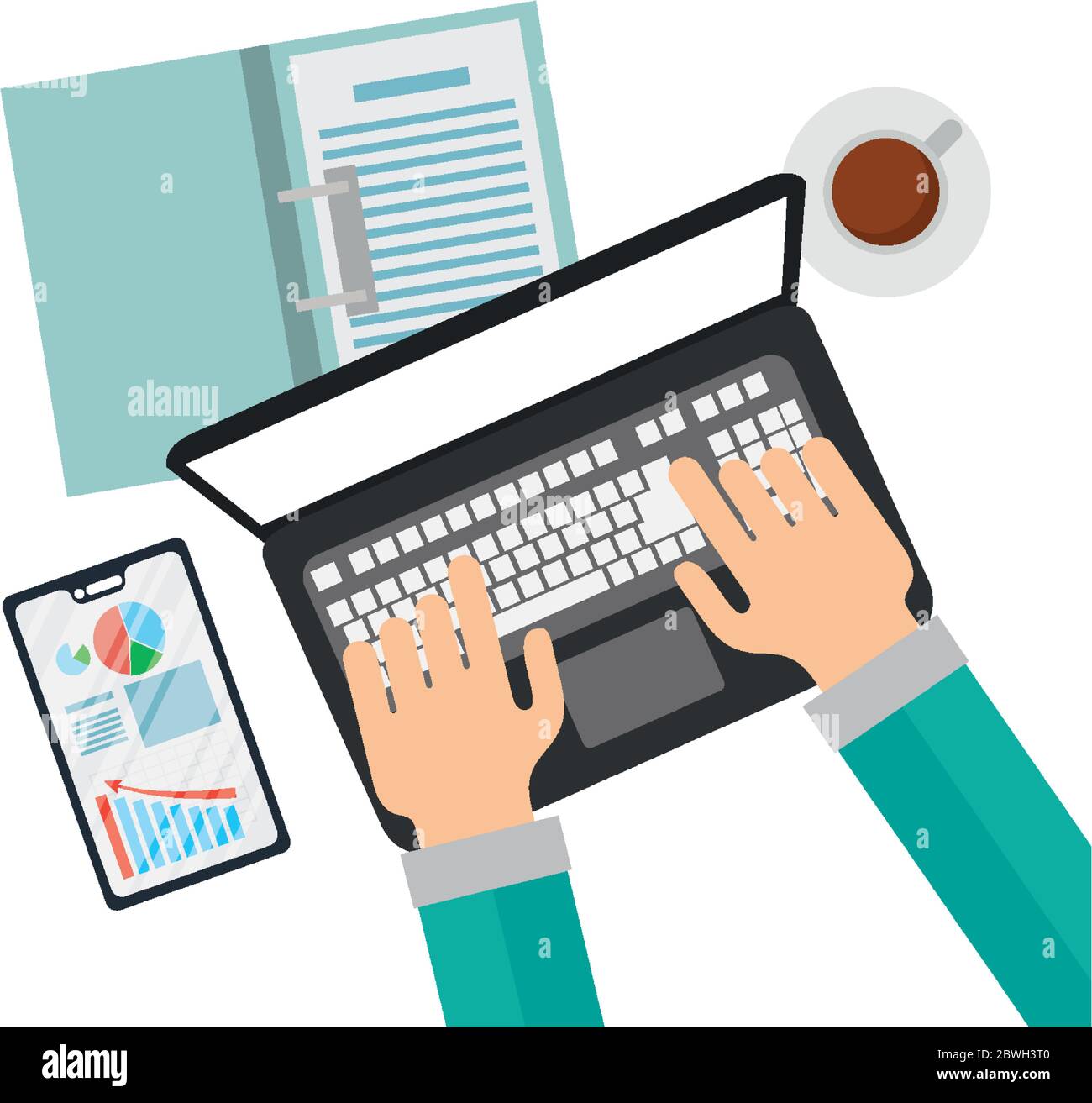 Hands with laptop and smartphone with infographic vector design Stock Vector
