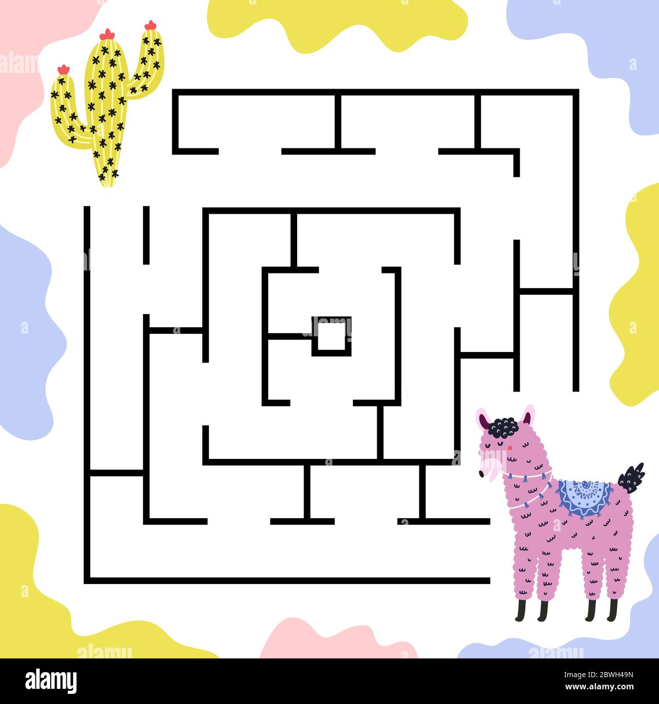 Help llama to get to the cactus. Maze game for kids Stock Vector Image