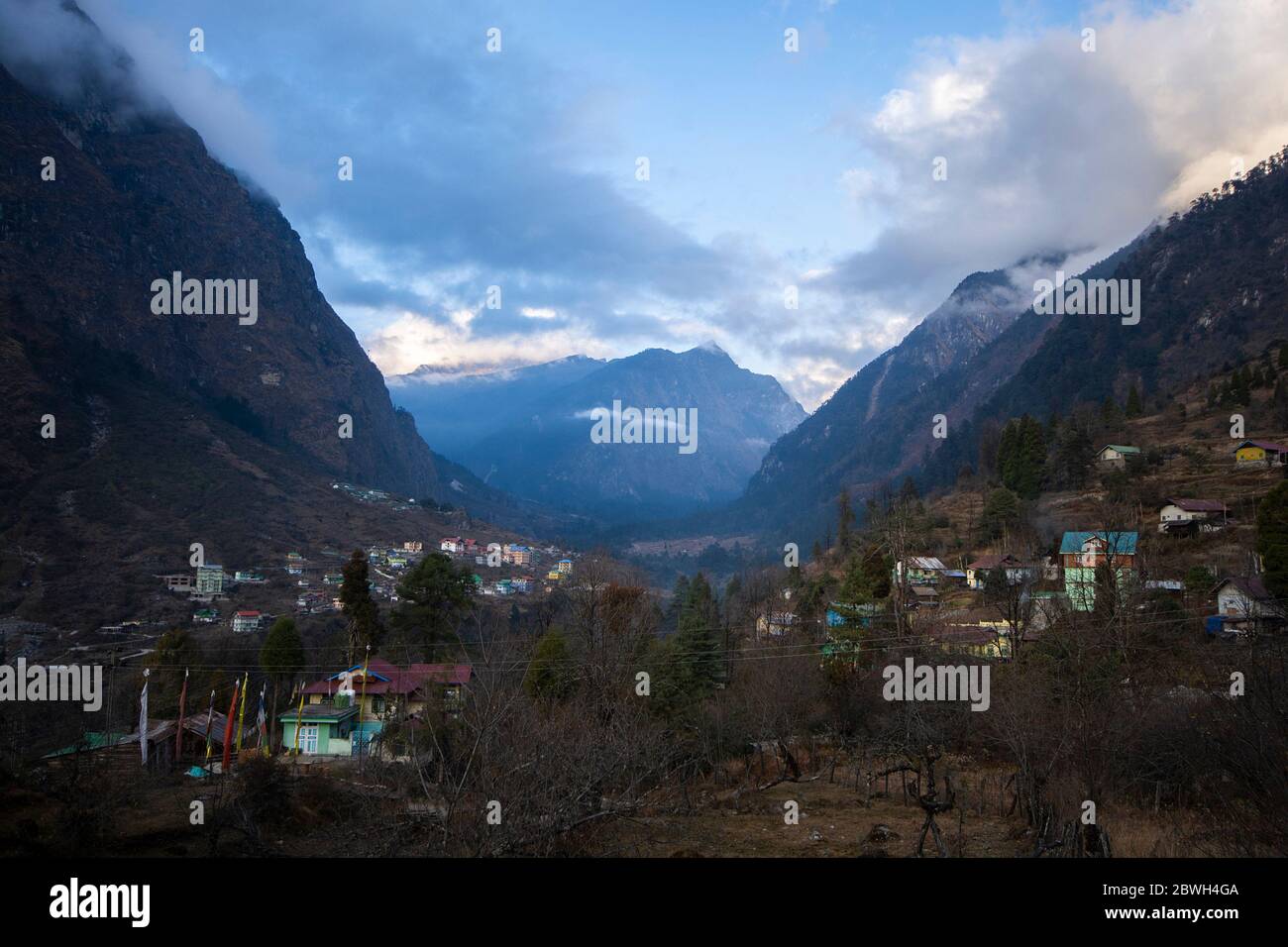Village in valley in north of India, Himalaya Mountain Range, landscape photography Stock Photo