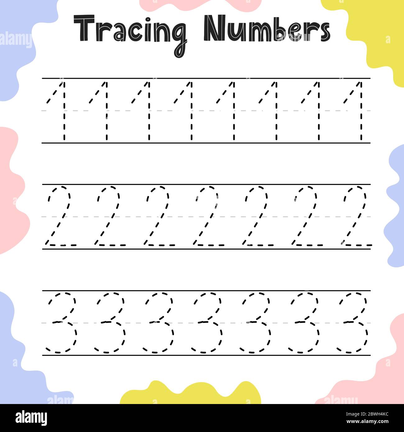 numbers 1 2 3 tracing practice worksheet for kids stock vector image