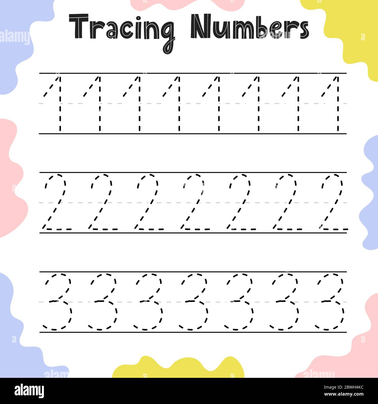Numbers 1 2 3 Tracing Practice Worksheet For Kids Stock Vector Image