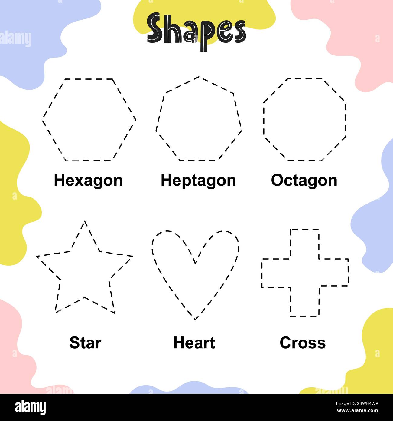 Tracing shapes worksheet for kids. Hexagon, heptagon Stock Vector