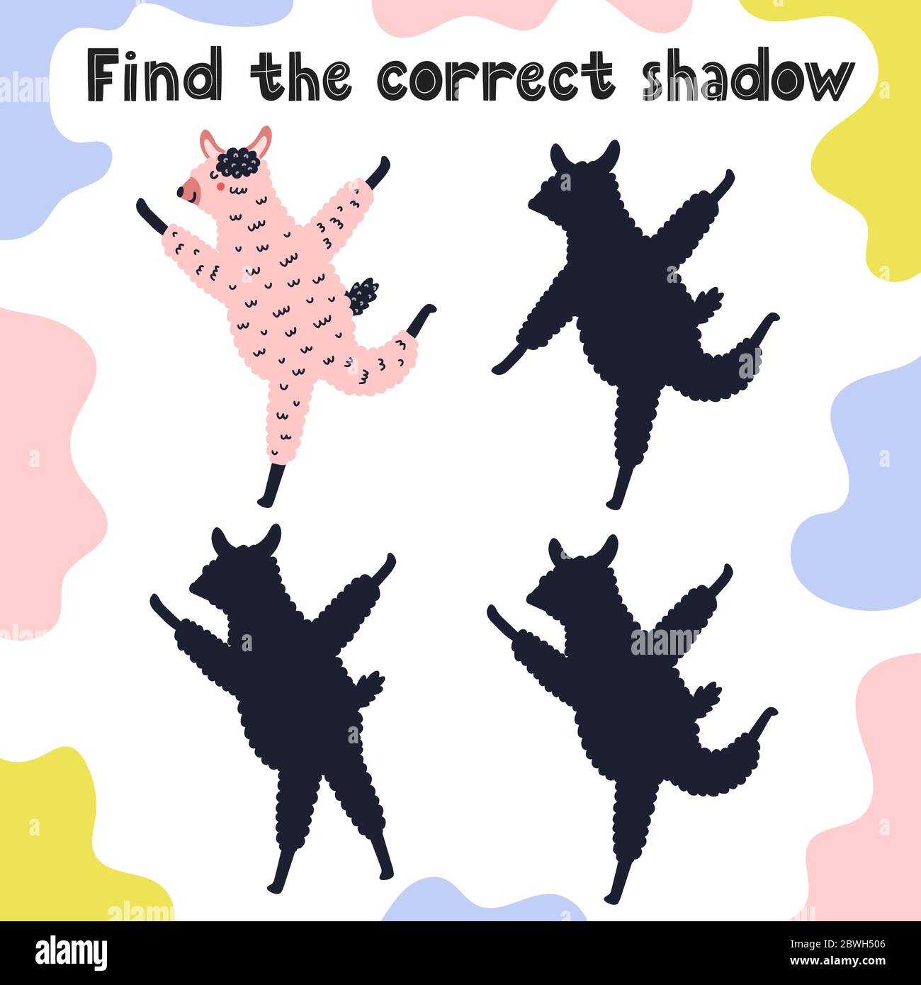 Find the correct shadow game with funny llama Stock Vector