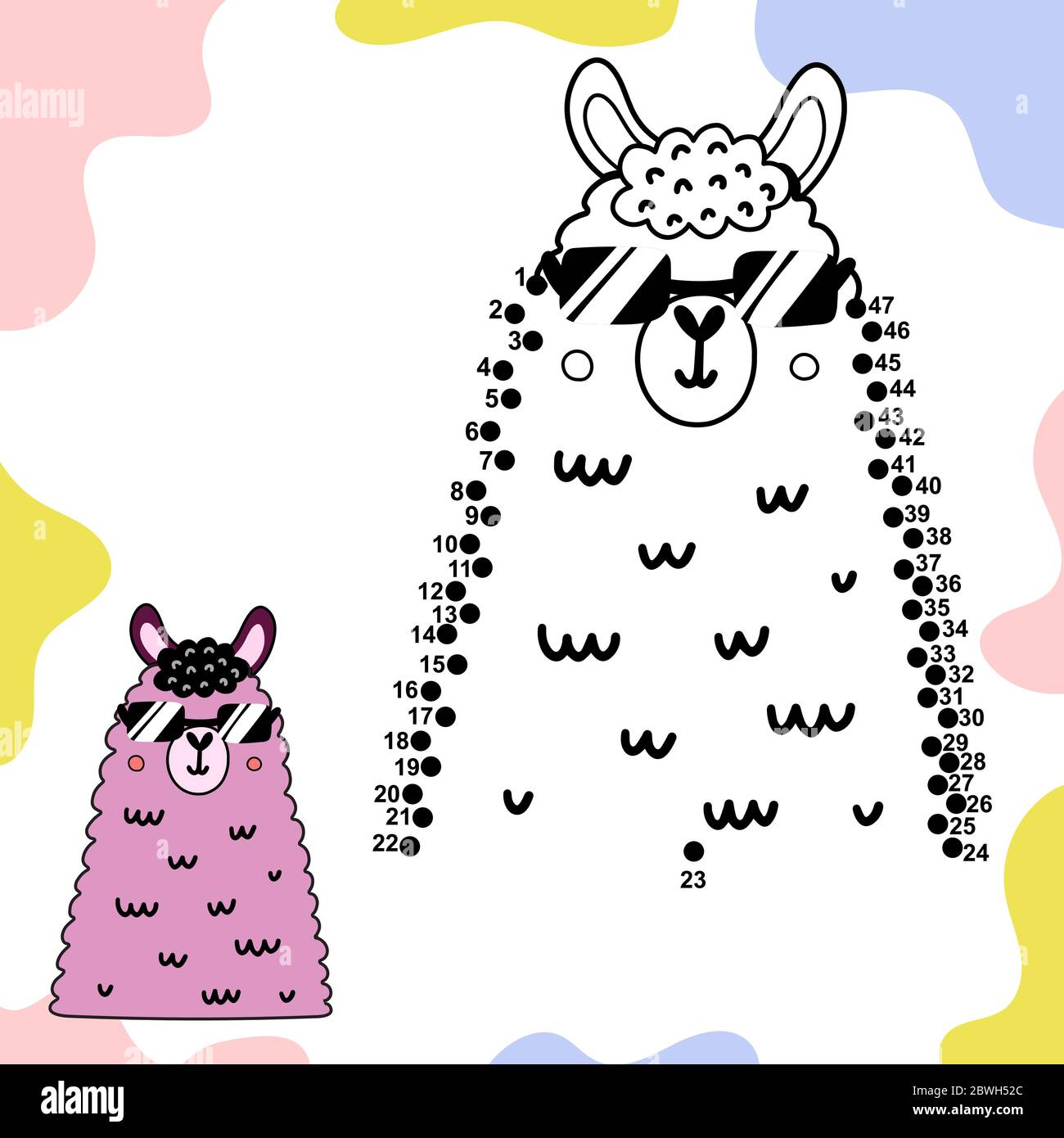 Connect the dots and draw a cute llama in sunglasses. Number game for children. Activity page ...