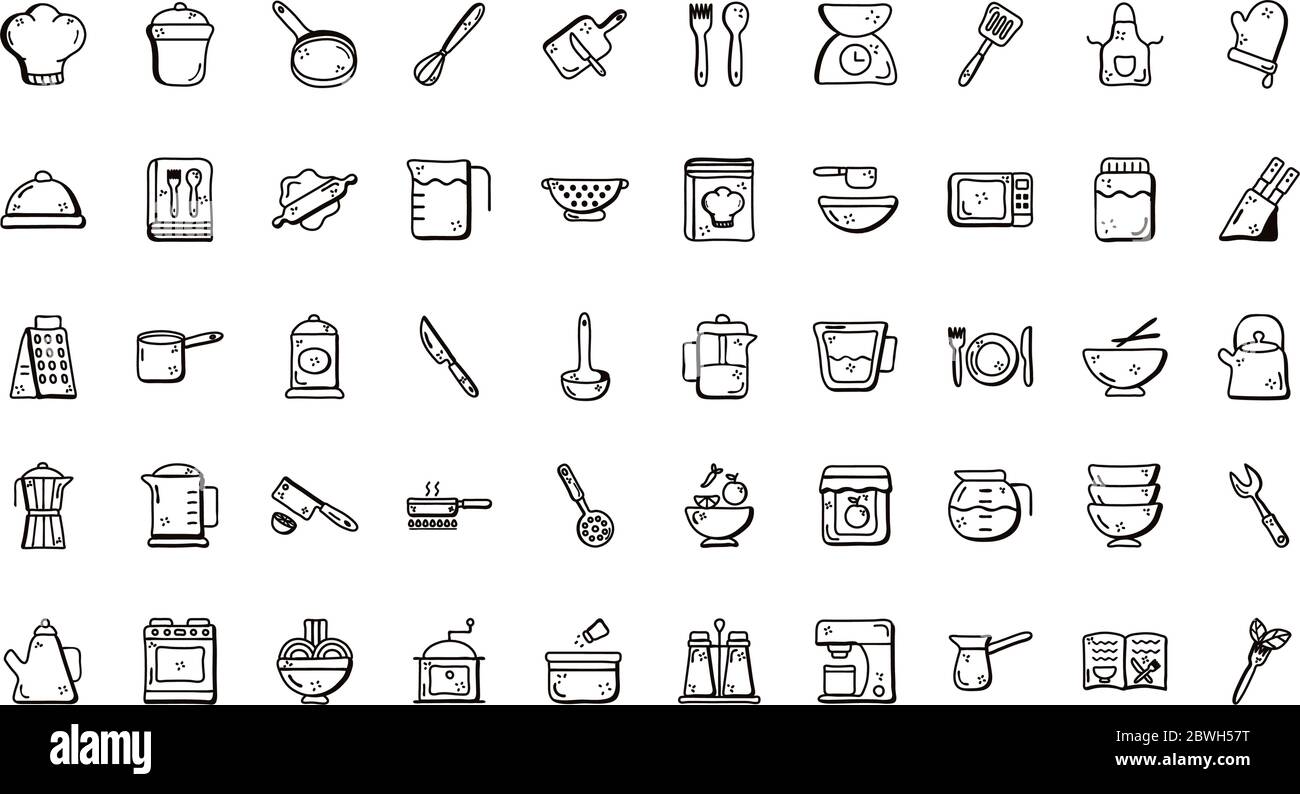 Cook and kitchen line style icon set vector design Stock Vector