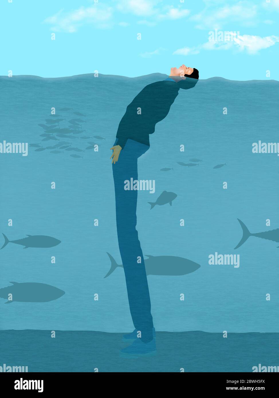 A man has long legs to enable him to keep his financial head above water. Stock Photo