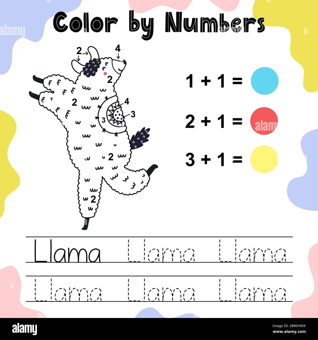 Color by numbers the cute llama Stock Vector