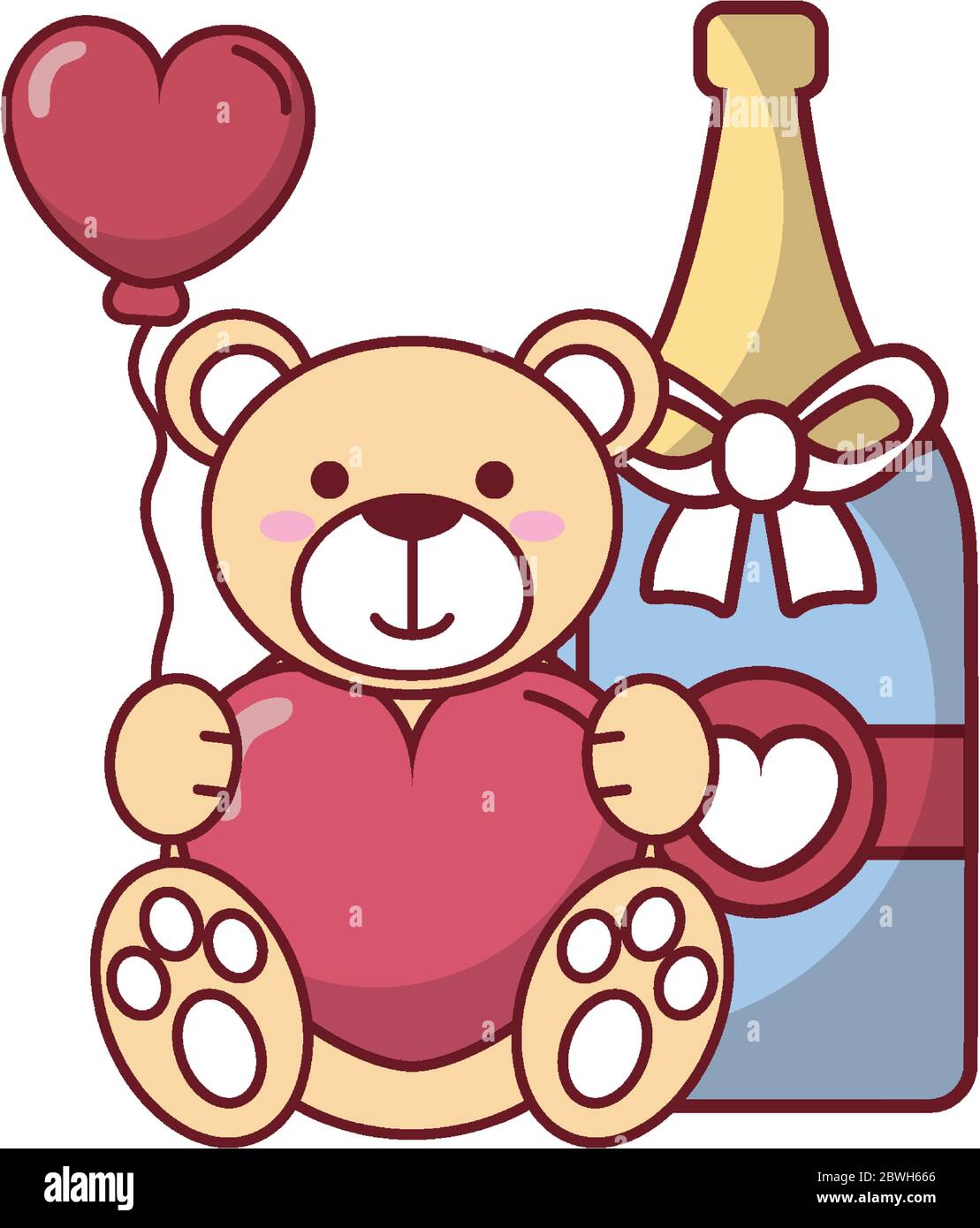 Teddy bear with champagne bottle and heart balloon vector design Stock ...