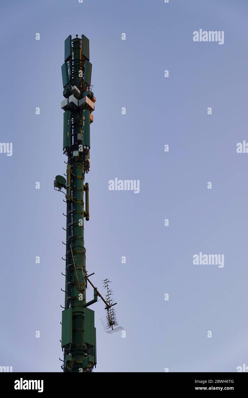 Close up mobile mast – cell site – cell tower – cellular base station Stock Photo