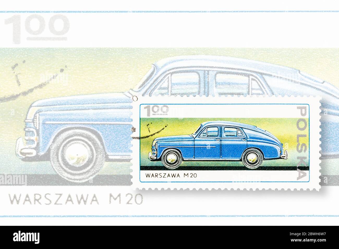 SEATTLE WASHINGTON - May 30, 2020:  25th Anniversary of production of the Warszawa M20 car,  on 1976 Poland stamp. Scott # 2180 Stock Photo