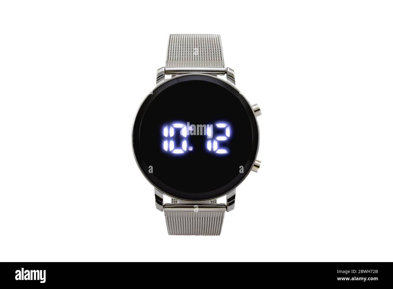 Round smartwatch with silver mesh style strap, black dial face and digital numerals, isolated on white background. Stock Photo