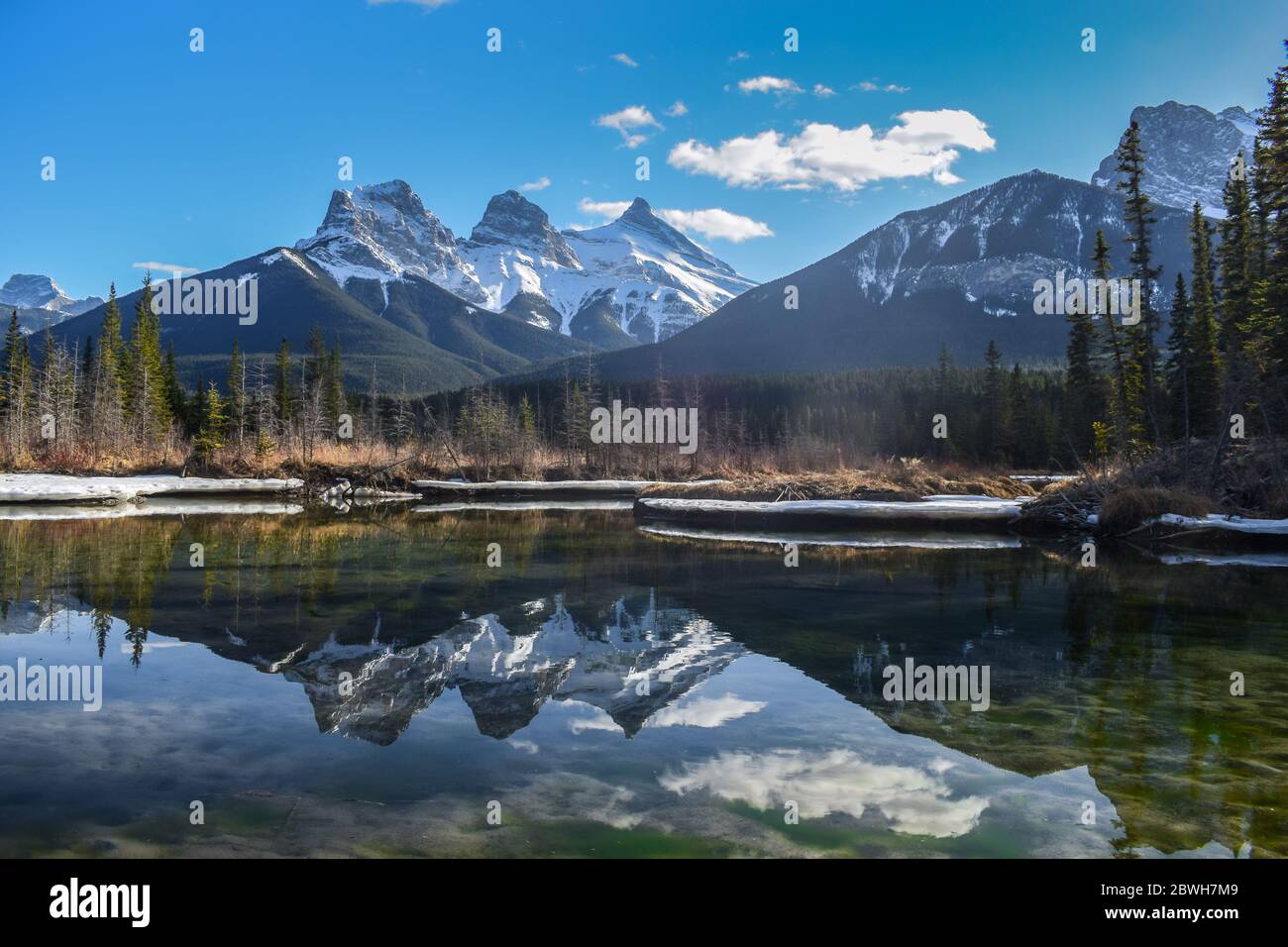 Three Sisters, famous mountain in Canmore, Alberta, Canada Stock Photo