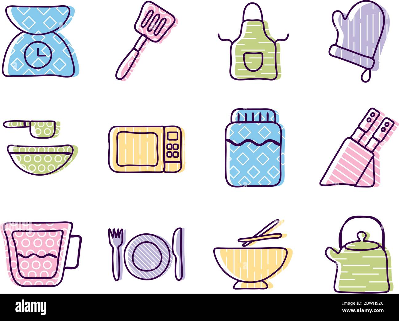 Cook and kitchen line and fill style icon set vector design Stock Vector