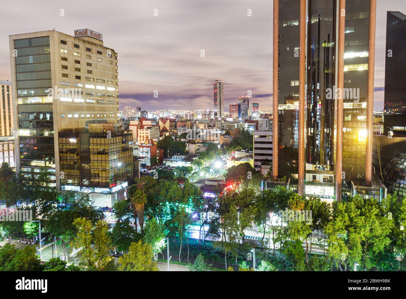 Mexico City,México Mexican,Paseo de la Reforma,Cuauhtemoc,Edificio Reforma Avantel,city skyline,night,overhead view,trees,building,light,looking,Mex12 Stock Photo