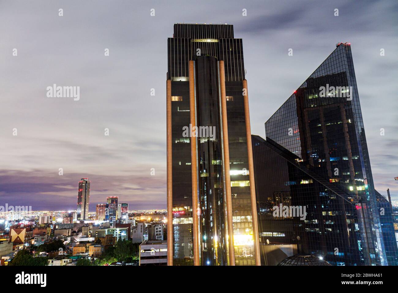Mexico City,DF México,Federal District,Distrito Federal,Cuauhtemoc,Paseo de la Reforma,Edificio Reforma Avantel,Centro Bursátil,city skyline,night,Mex Stock Photo