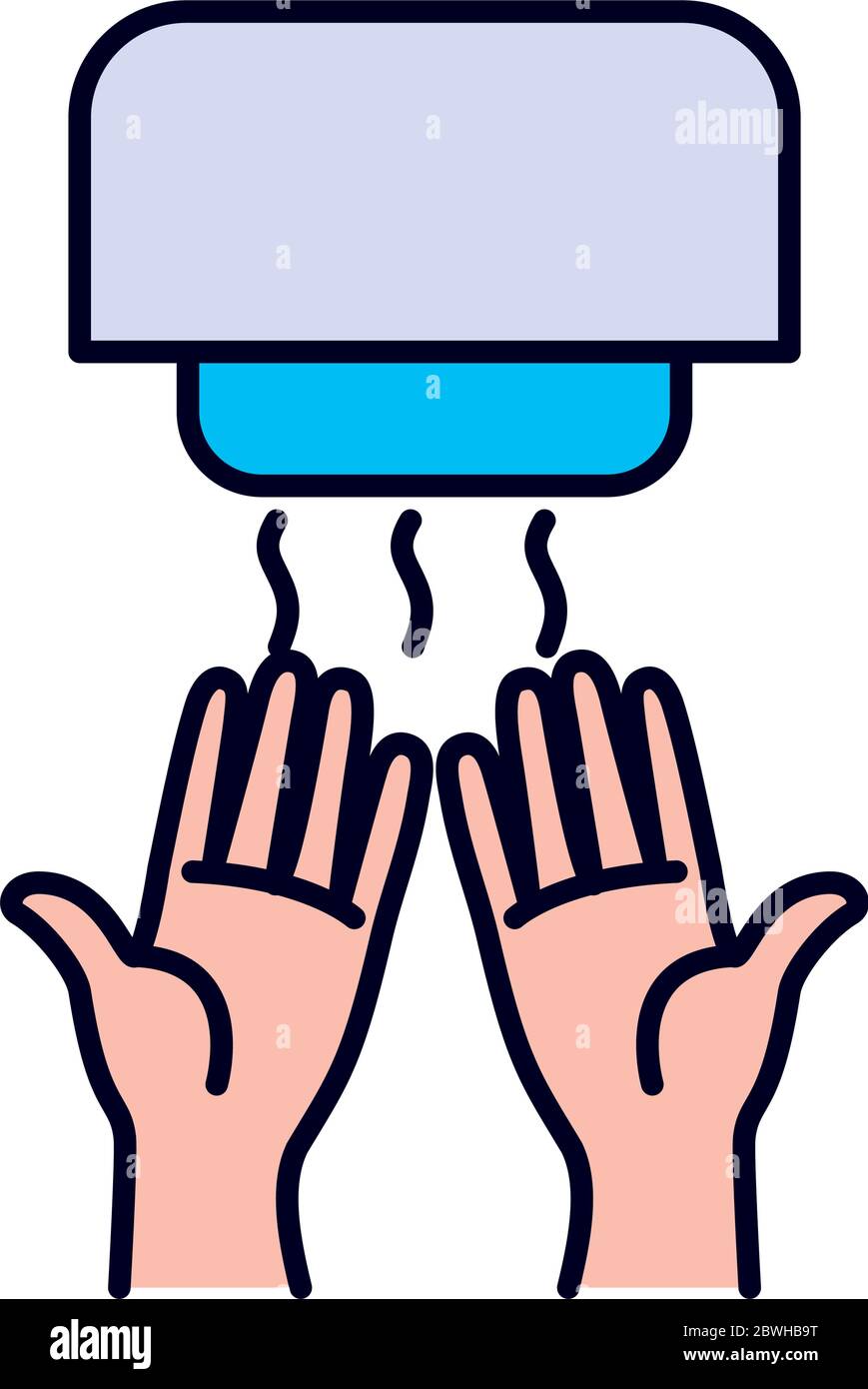 hands drying hands with a hand dryer over white background, line and