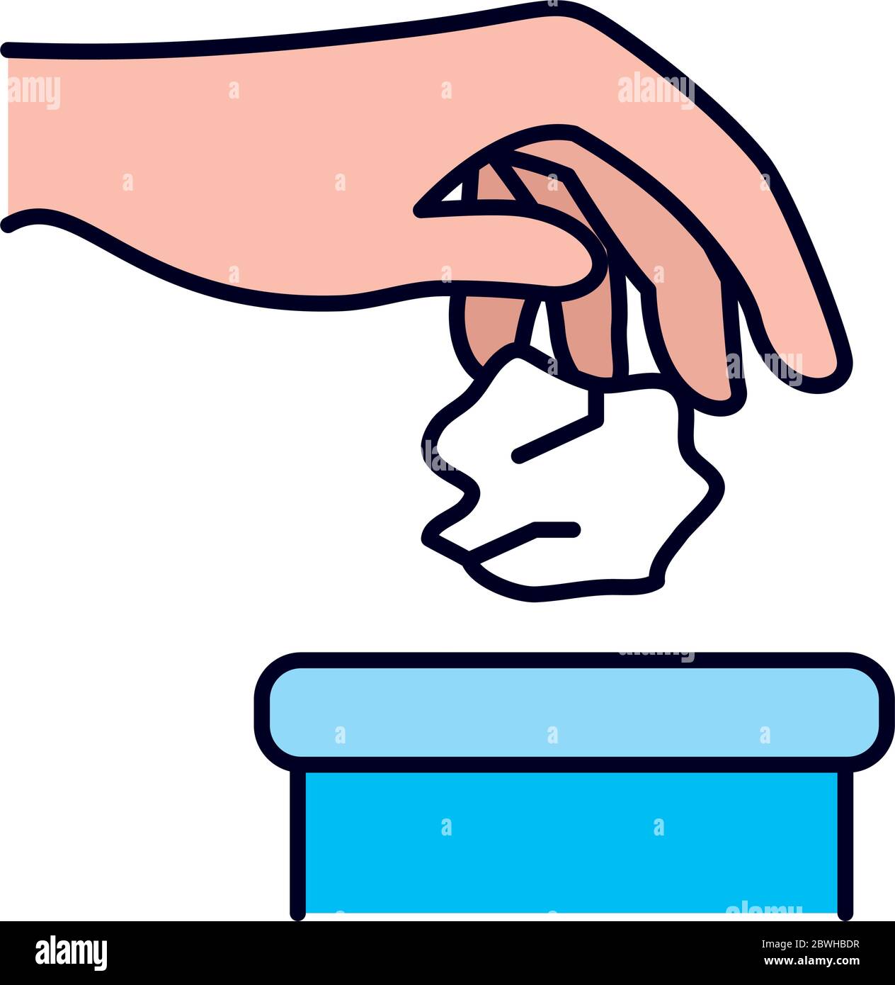 hand throwing away a paper towel icon over white background, line and fill style, vector