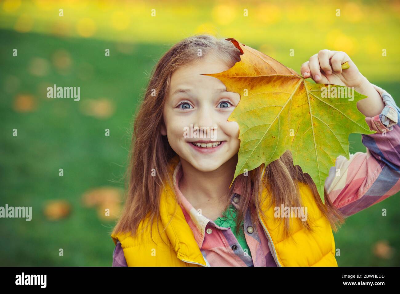 Happy child girl with autumn leaves outdoors. Cute little girl in ...
