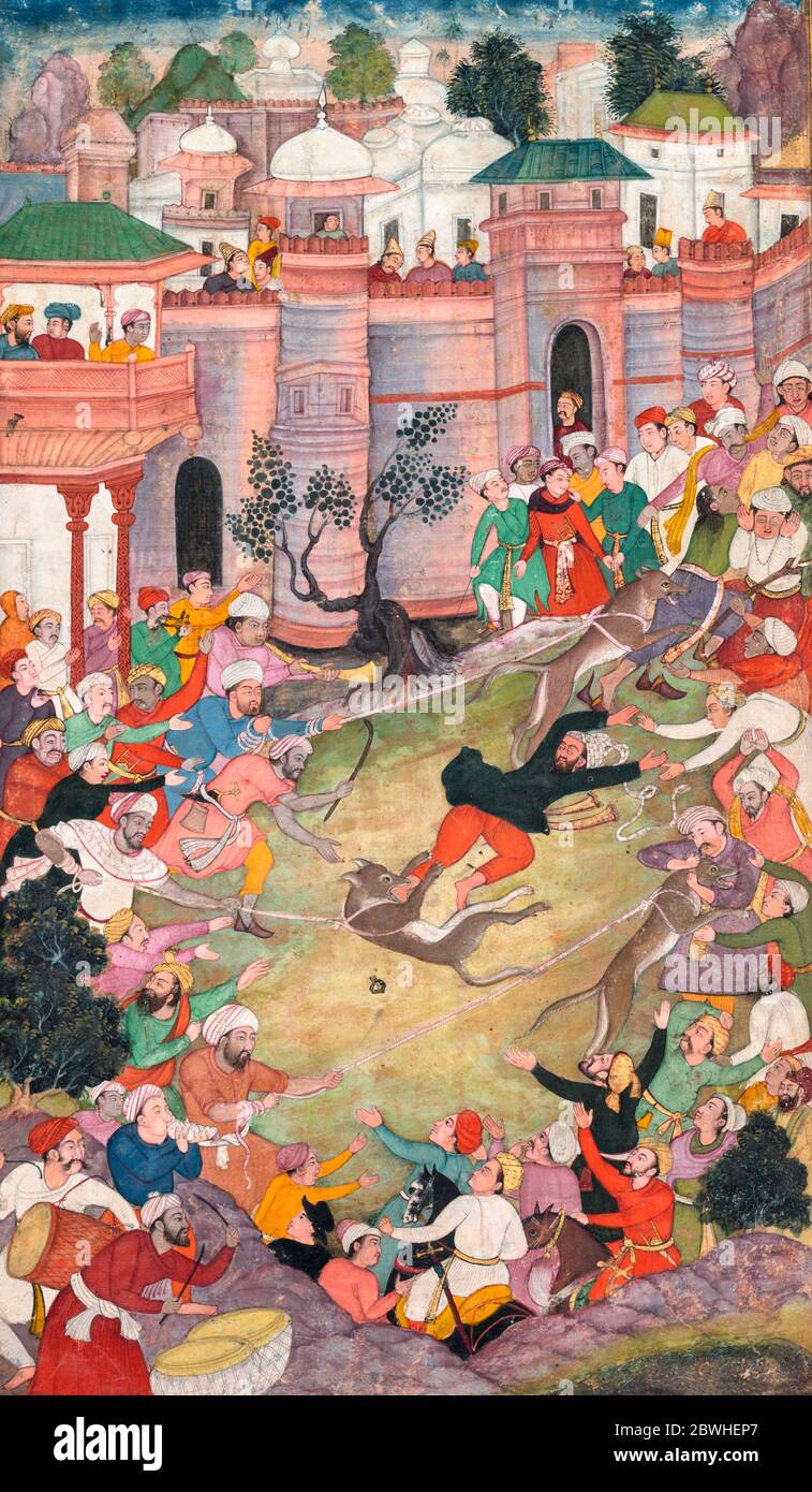 The game of wolf-running in Tabriz, from an Akbar-nama (Book of Akbar) by Banwari, circa 1595-1600, Indian and Southeast Asian Art Stock Photo