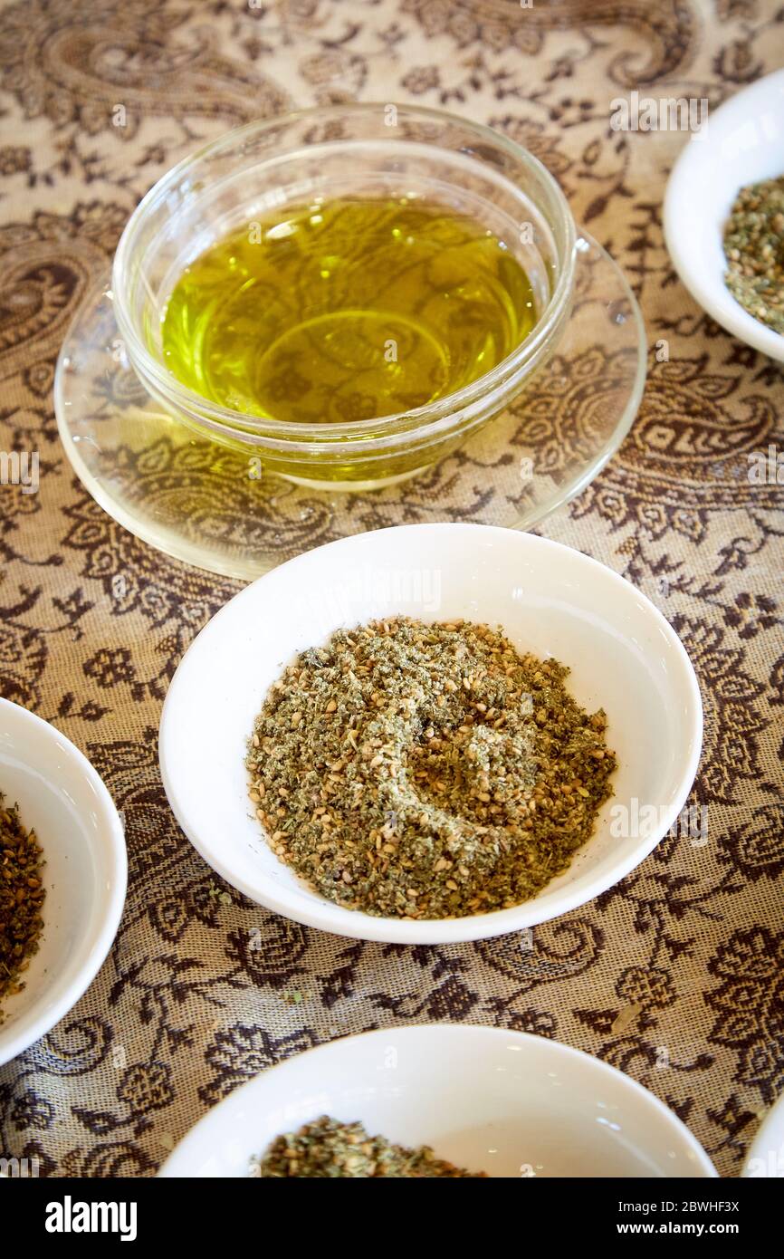 White Bowl of Za'atar Spice Mix and Clear Bowl of Olive Oil Stock Photo Alamy