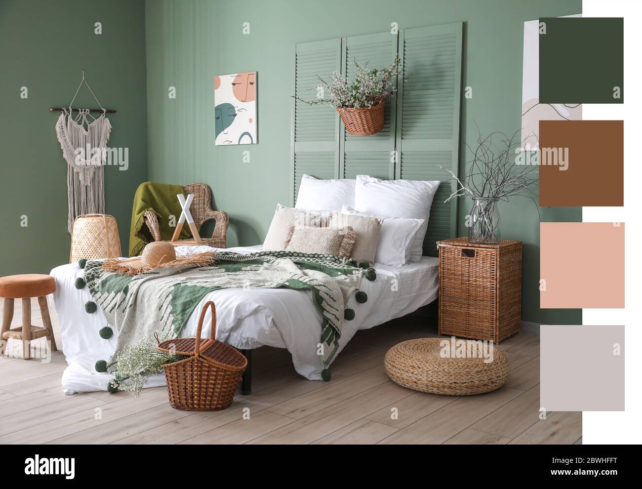 Interior of beautiful modern bedroom with spring flowers. Different ...