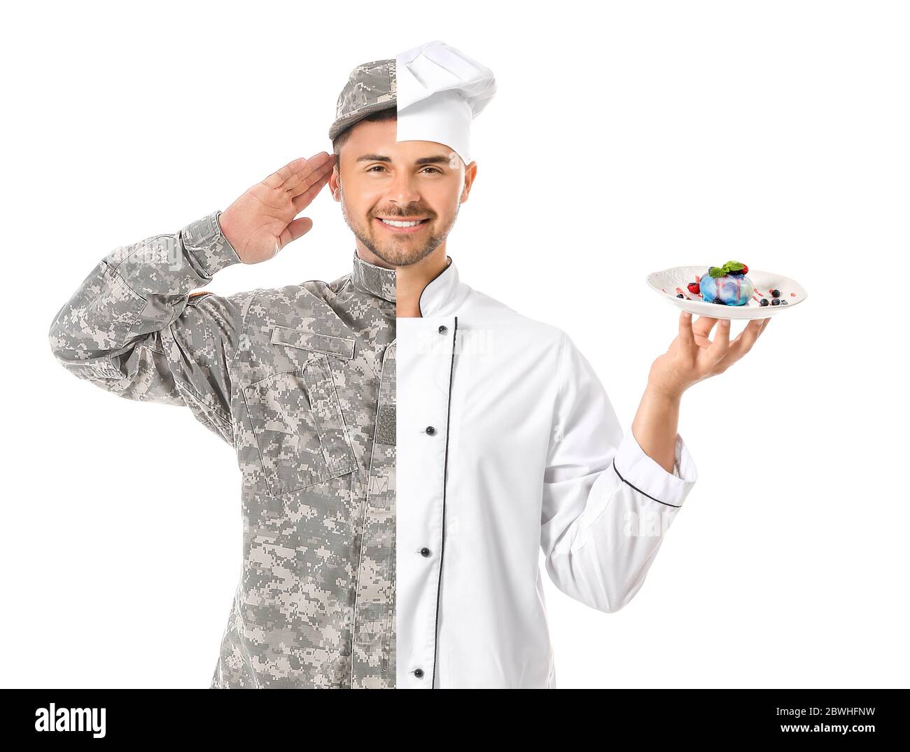 Comparison portrait of man in uniforms of different professions on