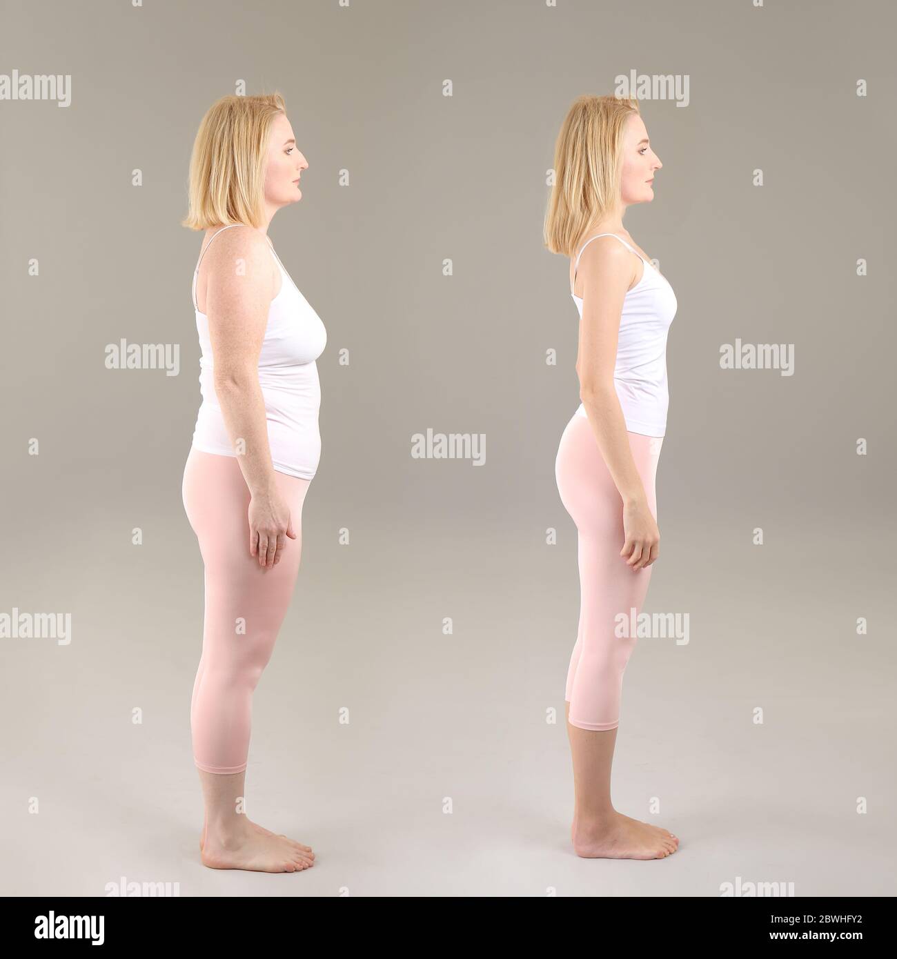 Mature woman before and after weight loss on grey background Stock