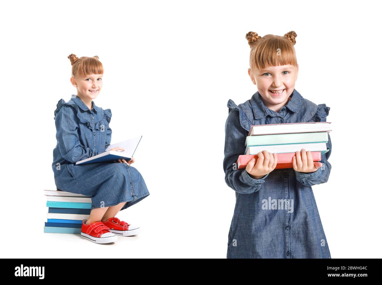 Cute little girl with books on white background Stock Photo - Alamy