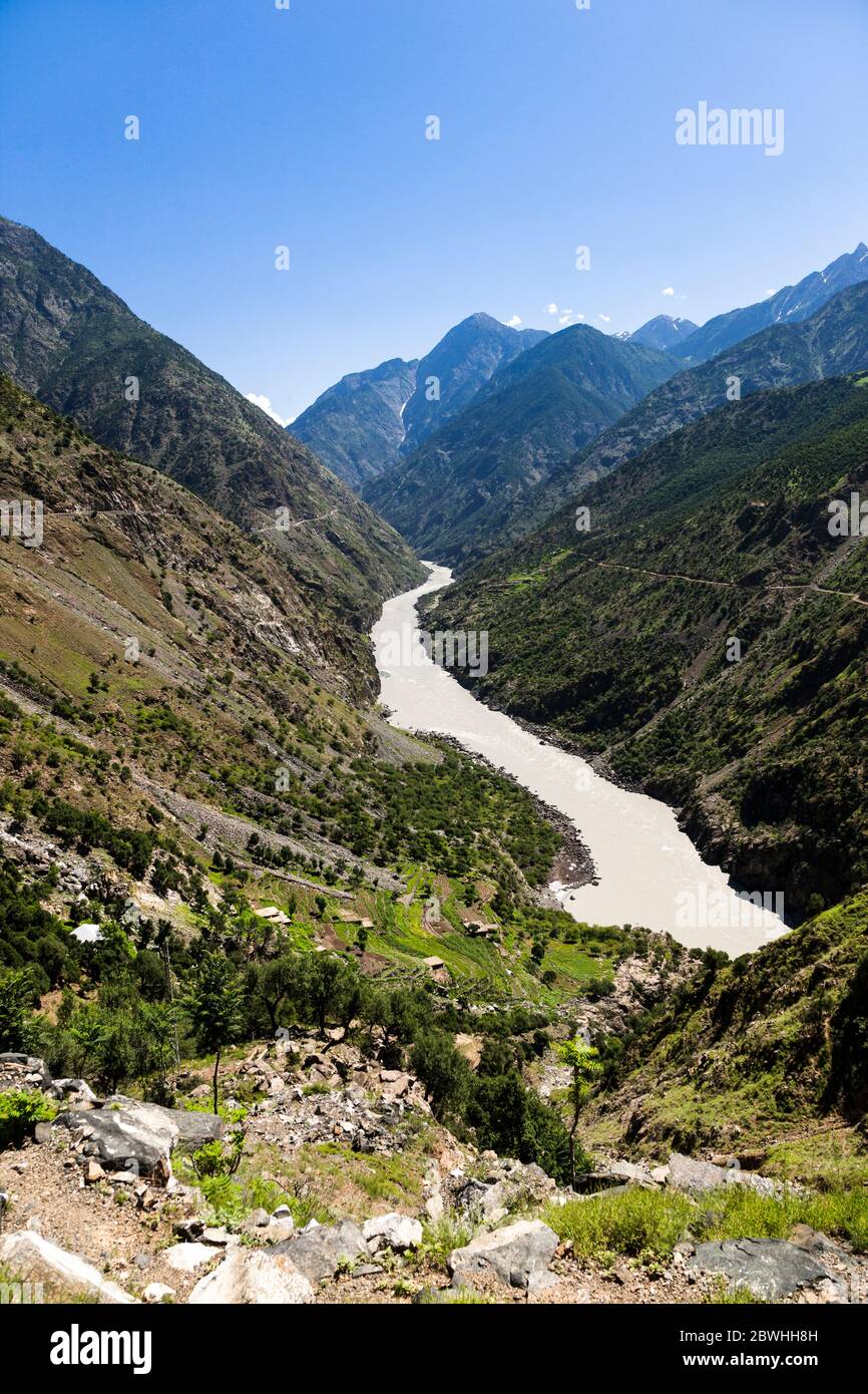 The upper steam of Indus river, near Besham City, Indus valley, Hindu kush mountain, Shangla, Khyber Pakhtunkhwa Province, Pakistan, South Asia, Asia Stock Photo