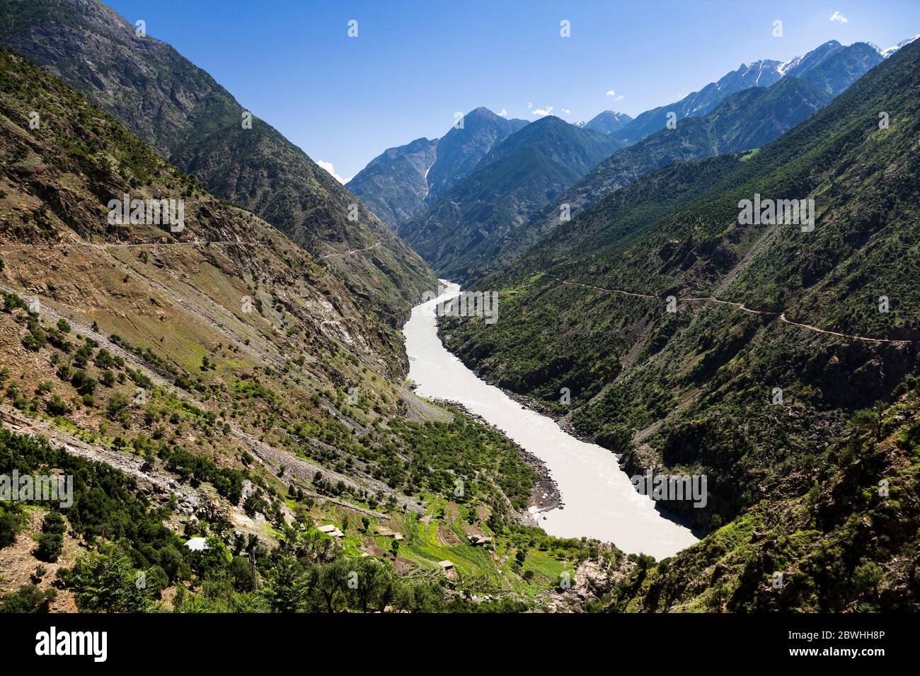 The upper steam of Indus river, near Besham City, Indus valley, Hindu kush mountain, Shangla, Khyber Pakhtunkhwa Province, Pakistan, South Asia, Asia Stock Photo