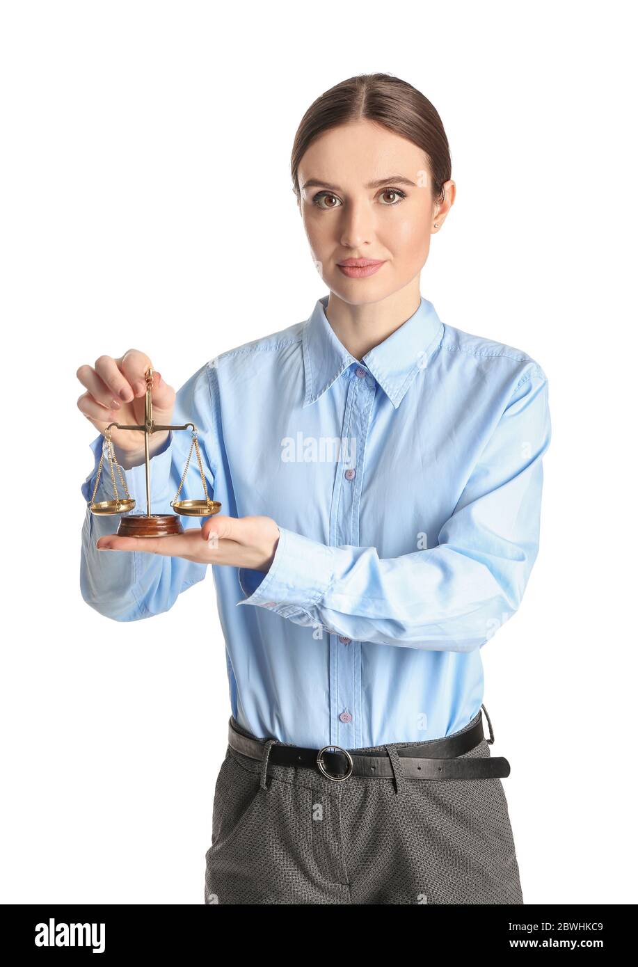 Female judge with scales of justice on white background Stock Photo Alamy