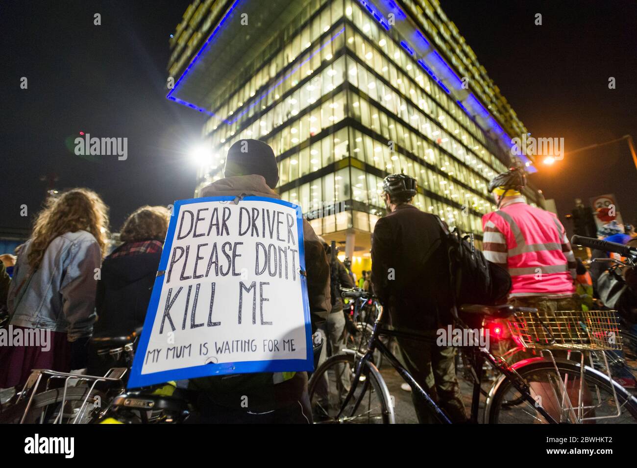 Pro cycling protest, outside the Transport for London, head office, 197 Blackfriars Road, London. The protestors organised a 'die-in' to highlight the Stock Photo