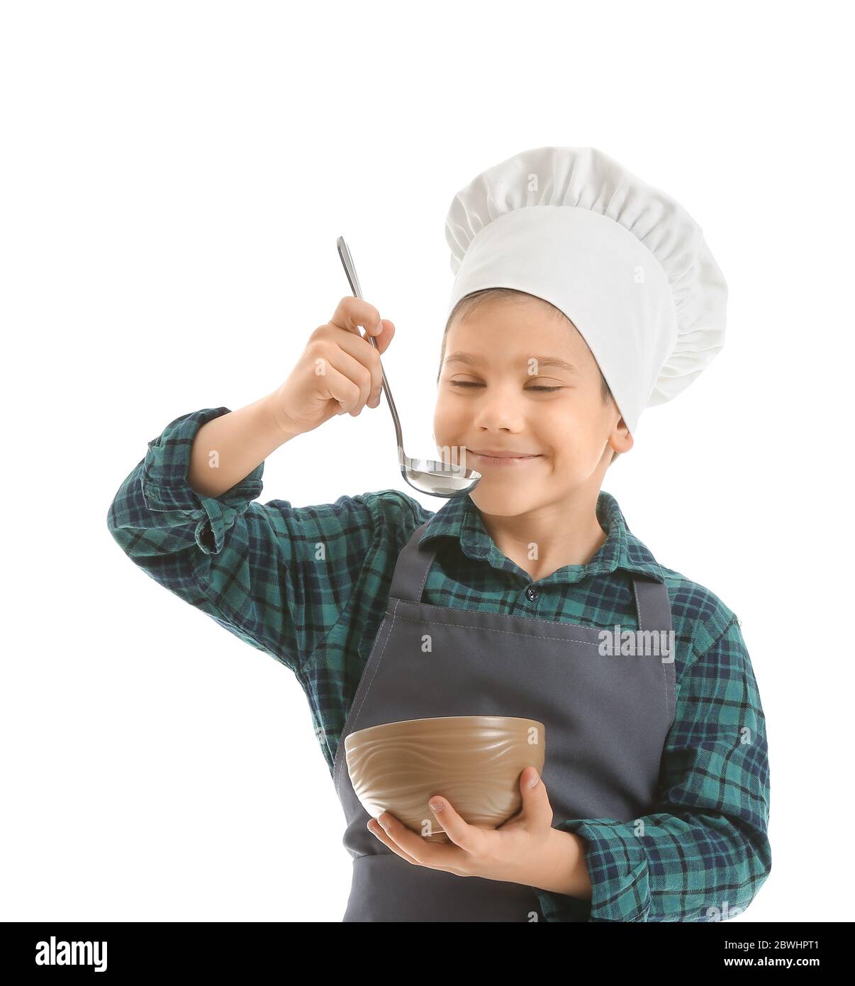 Portrait of little chef on white background Stock Photo - Alamy