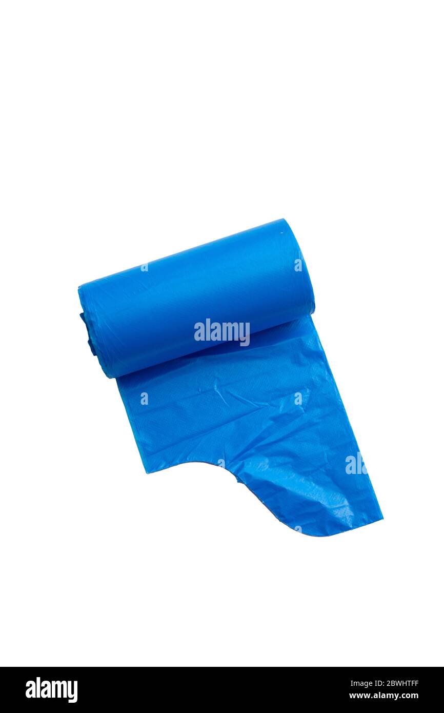 one blue roll garbage plastic bags isolated on white background Stock