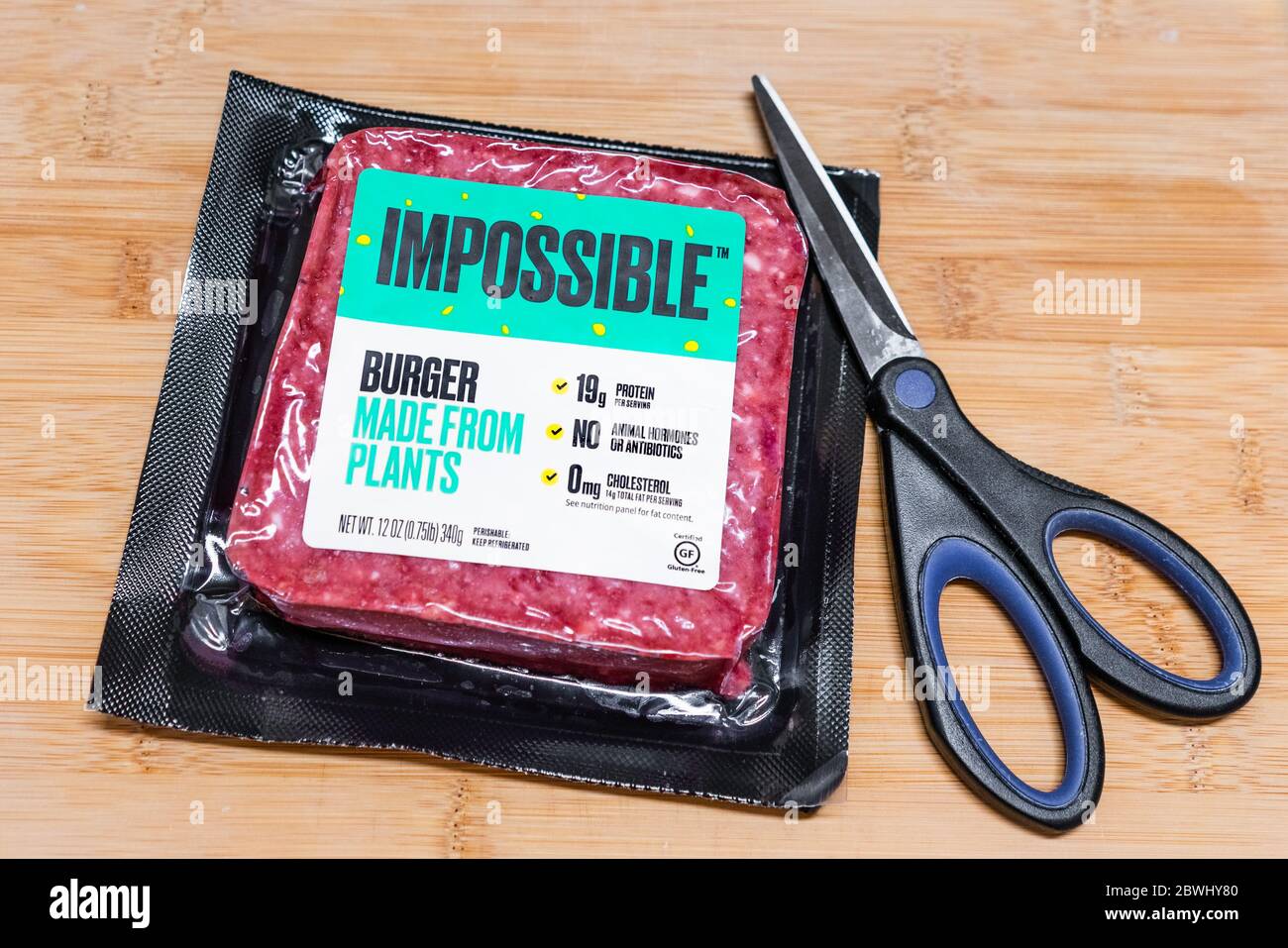 May 22, 2020 Sunnyvale / CA / USA - Close up of Impossible Burger package; the Impossible Burger is produced by Impossible Foods Inc and is plant base Stock Photo