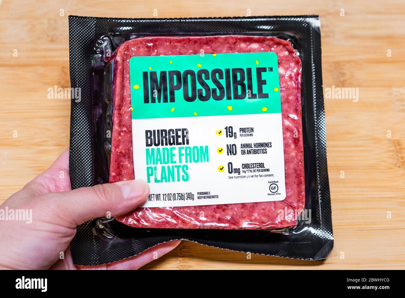 May 22, 2020 Sunnyvale / CA / USA - Close up of Impossible Burger package; the Impossible Burger is produced by Impossible Foods Inc and is plant base Stock Photo