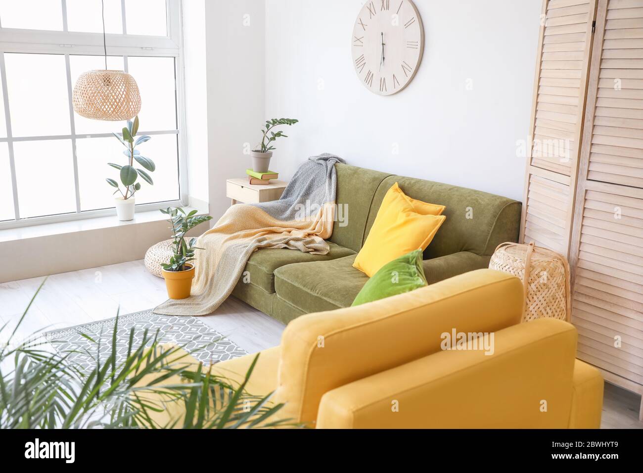 Interior of modern room with sofa and houseplants Stock Photo - Alamy