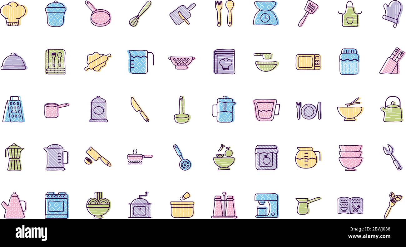 Cook and kitchen line and fill style icon set vector design Stock ...