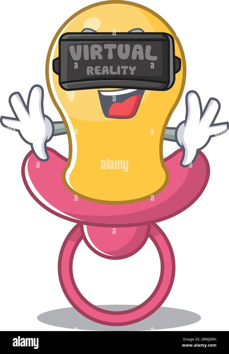 A cartoon image of baby pacifier using modern Virtual Reality headset ...