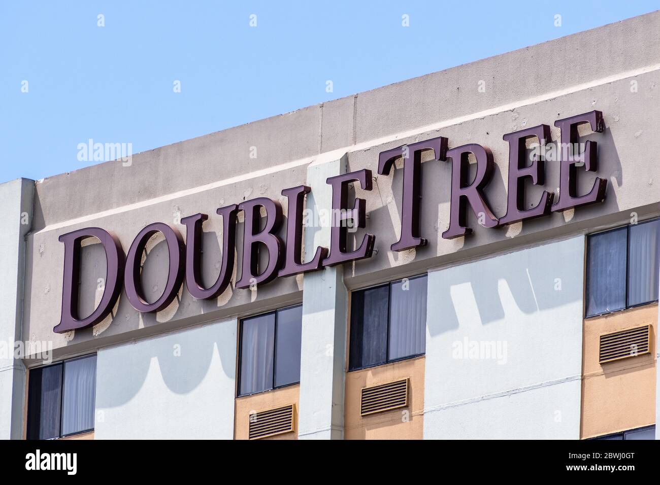 Aug 19, 2019 Burlingame / CA / USA - Close up of DoubleTree sign at the Hilton Hotel located near San Francisco Airport; Double Tree by Hilton is an A Stock Photo