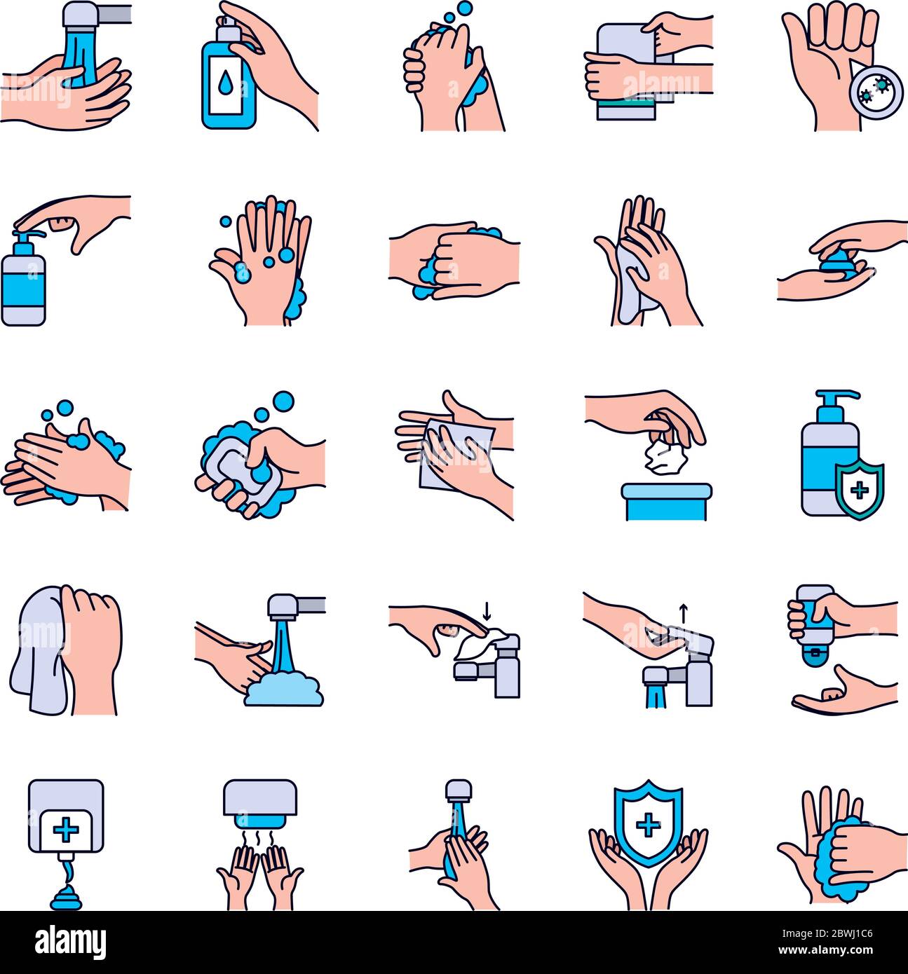 antibacterial dispenser and handwashing icon set over white background ...