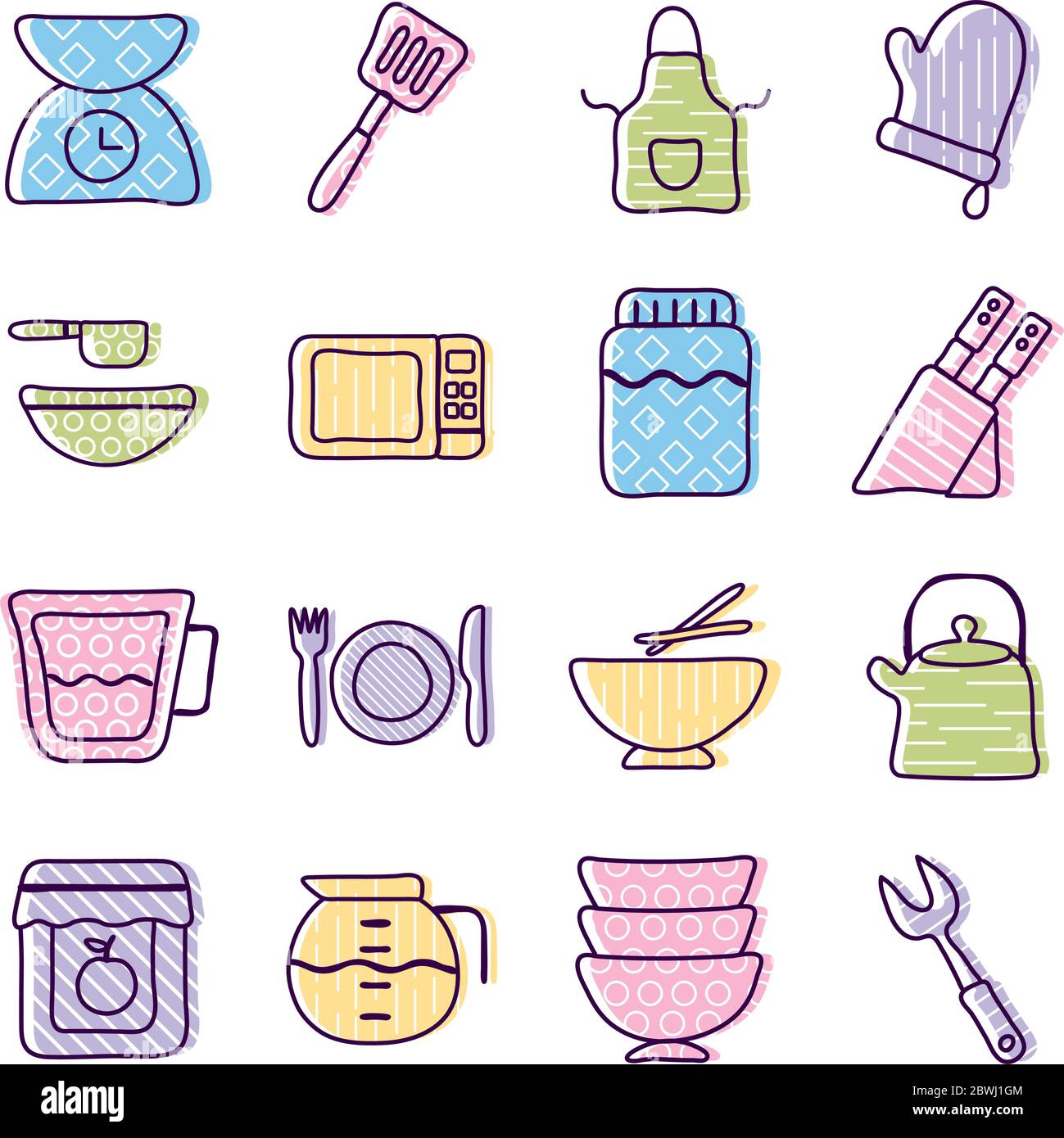 Cook and kitchen line and fill style icon set vector design Stock Vector