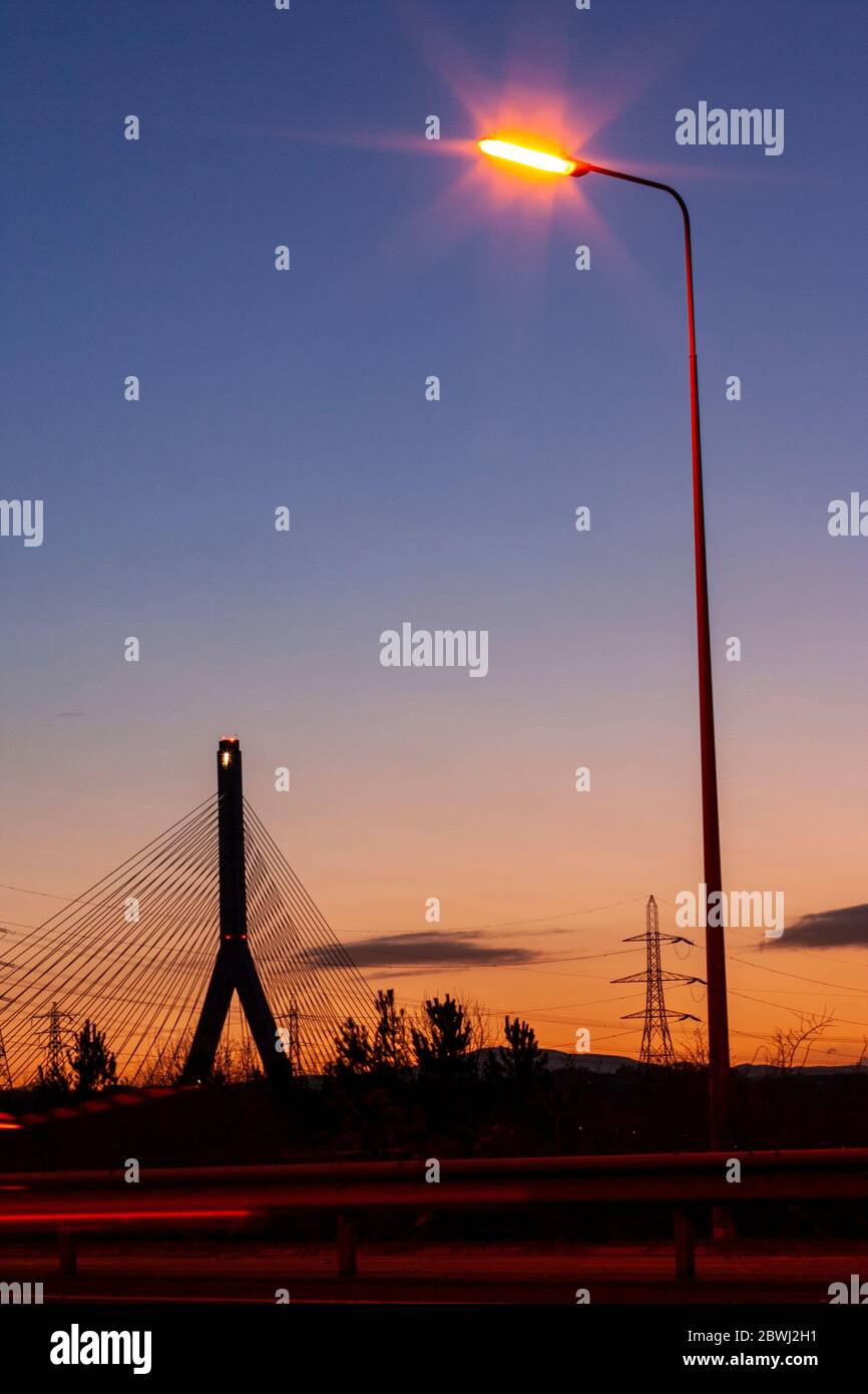 Flintshire suspension bridge at dusk Stock Photo