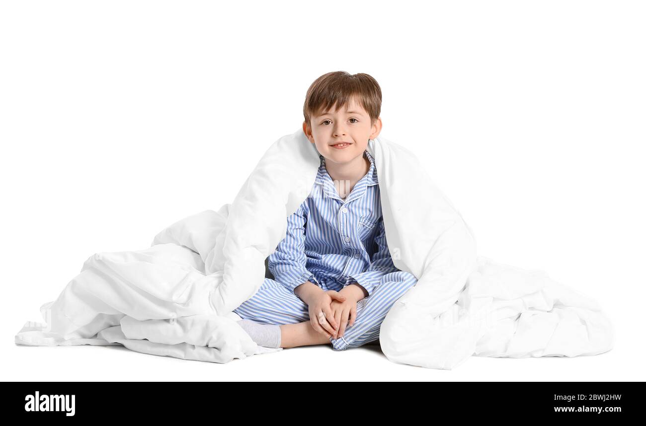 Little Boy With Blanket On White Background Stock Photo - Alamy