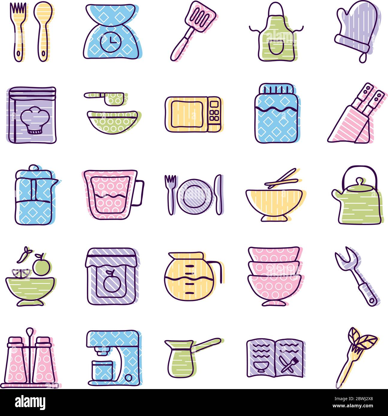 Cook and kitchen line and fill style icon set vector design Stock Vector