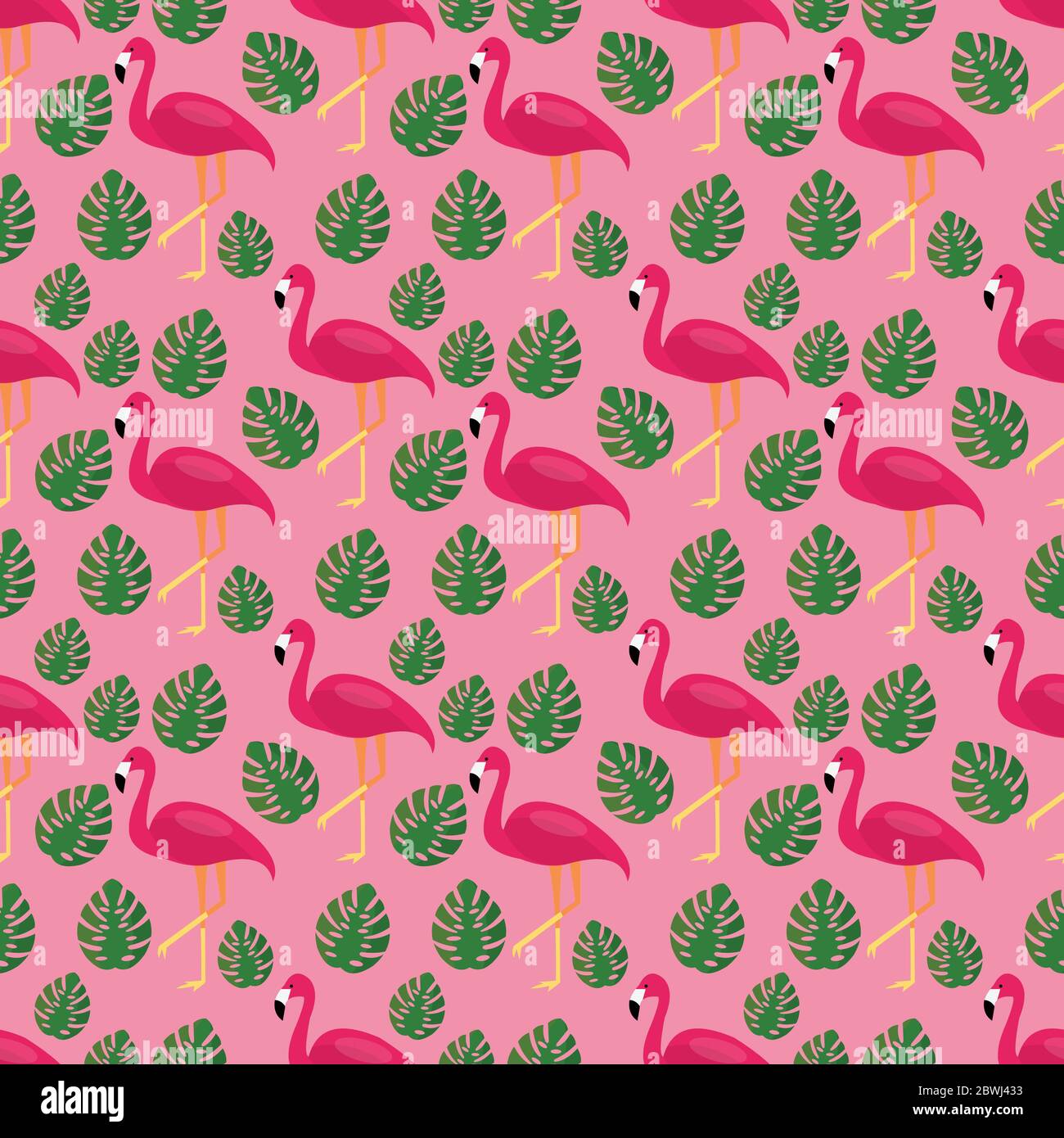 flamingo with monstera leaf seamless pattern vector illustration background Stock Vector