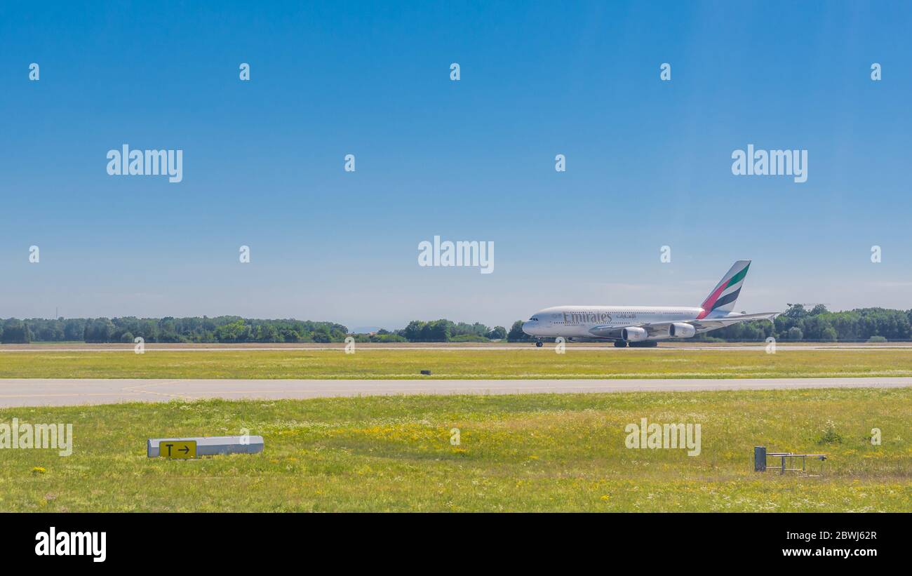 Emirates Airbus 380 taxiing before takeoff Stock Photo