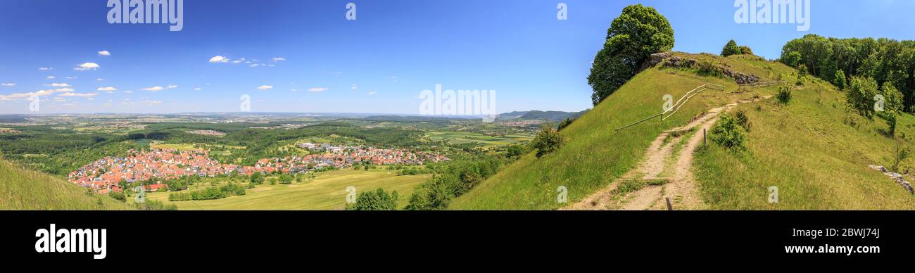 Panoramic view from the Jusi mountain to Kohlberg and the Neuffen and Neckartal valley in summer Stock Photo