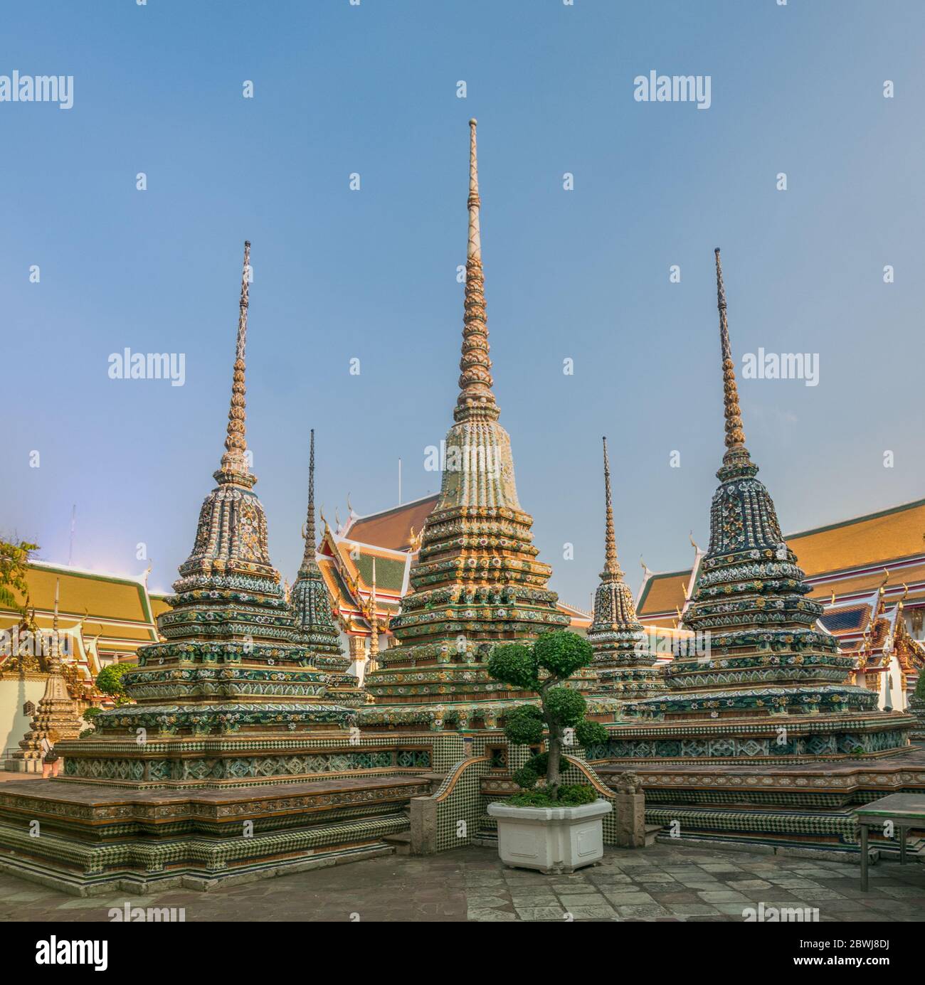 Stupas in Wat Po temple complex, Bangkok, Thailand Stock Photo
